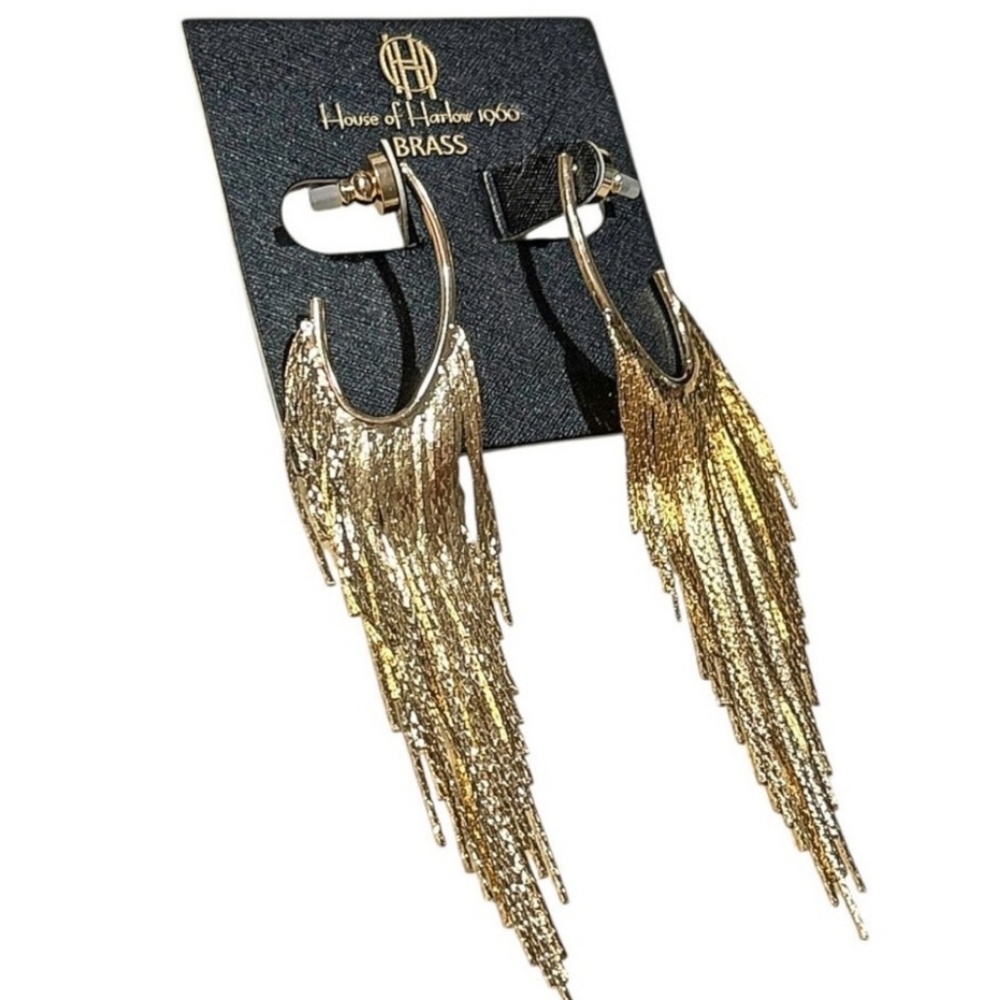 House of Harlow 1960 Fringe Dangle Gold Earrings Brand New On Card Ta